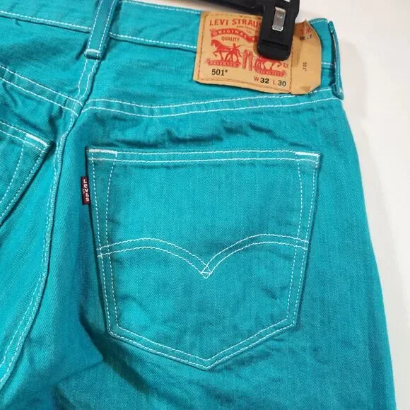 Levi's 501 Mens Jeans Button Fly Straight Leg W32 x L30 Act W29 x L28 Teal Blue - Picture 7 of 16